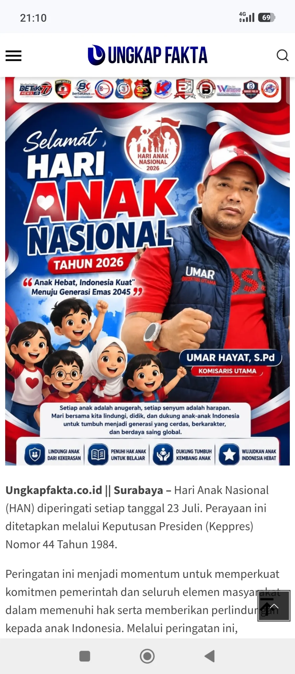 Komisaris Utama Gabungan 12 Media Online Umar Hayat, S.Pd. Serukan Perlindungan Anak pada Hari Anak Nasional 2026
