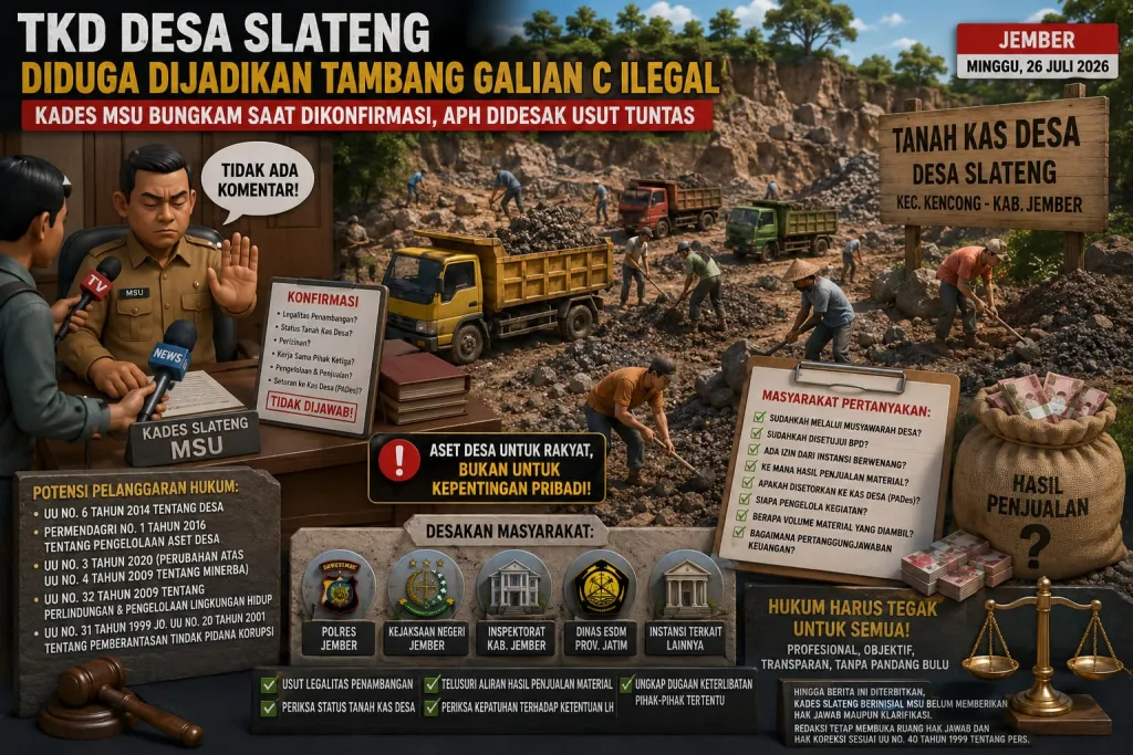 TKD Desa Slateng Diduga Dijadikan Tambang Galian C Ilegal, Kades MSU Bungkam Saat Dikonfirmasi, APH Didesak Usut Tuntas