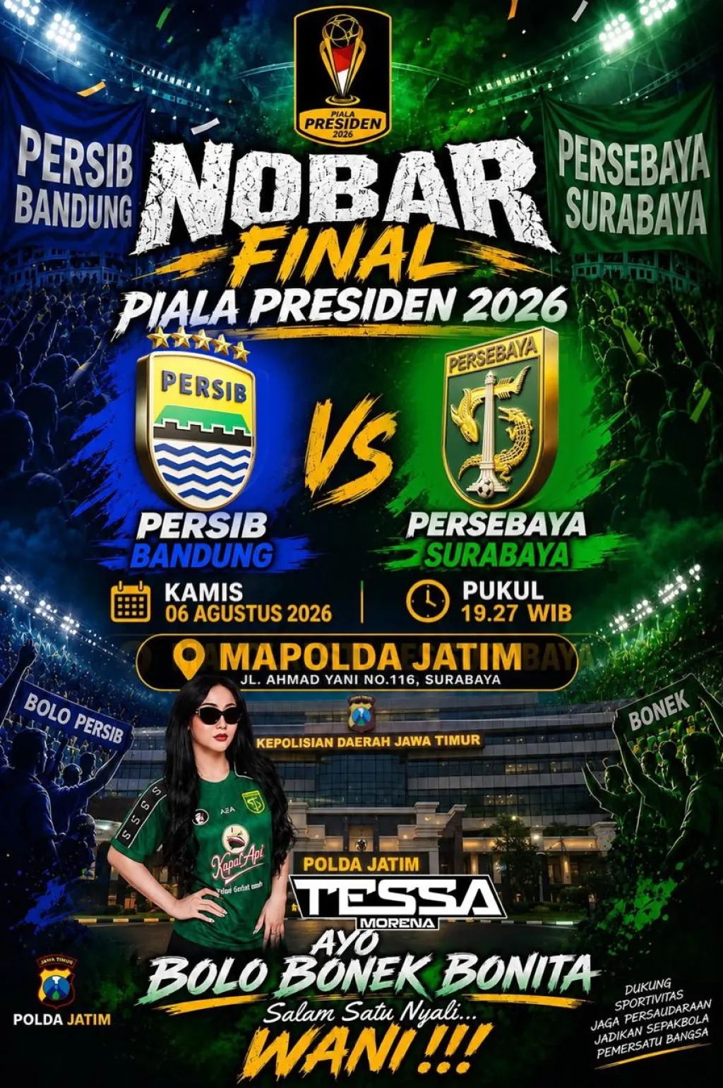 Dj Tessa dan Bonek Padati Nobar Final Piala Presiden 2026 Persebaya vs Persib di Depan Polda Jatim,