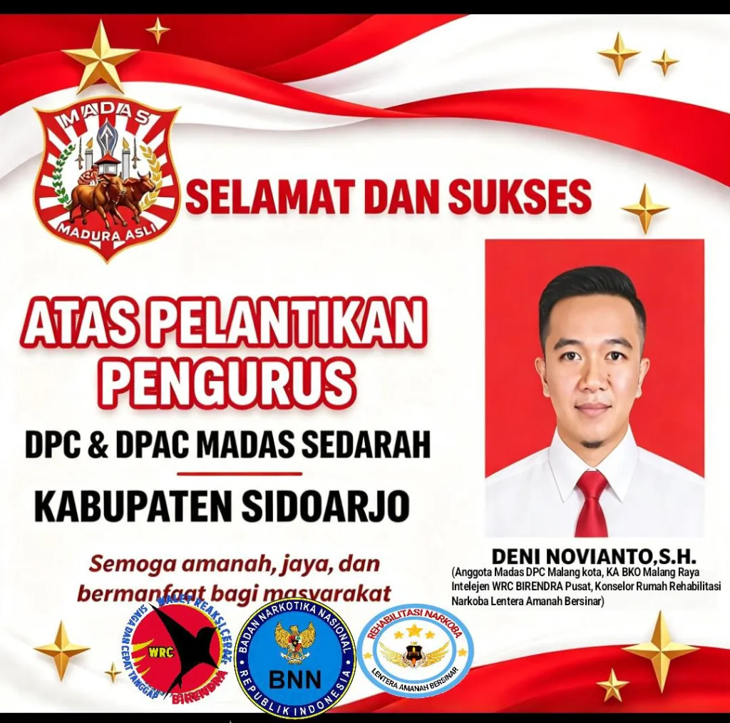 Deni Novianto Ucapkan Selamat Pengurus MADAS Sidoarjo Harus Amanah dan Bersih dari Narkoba