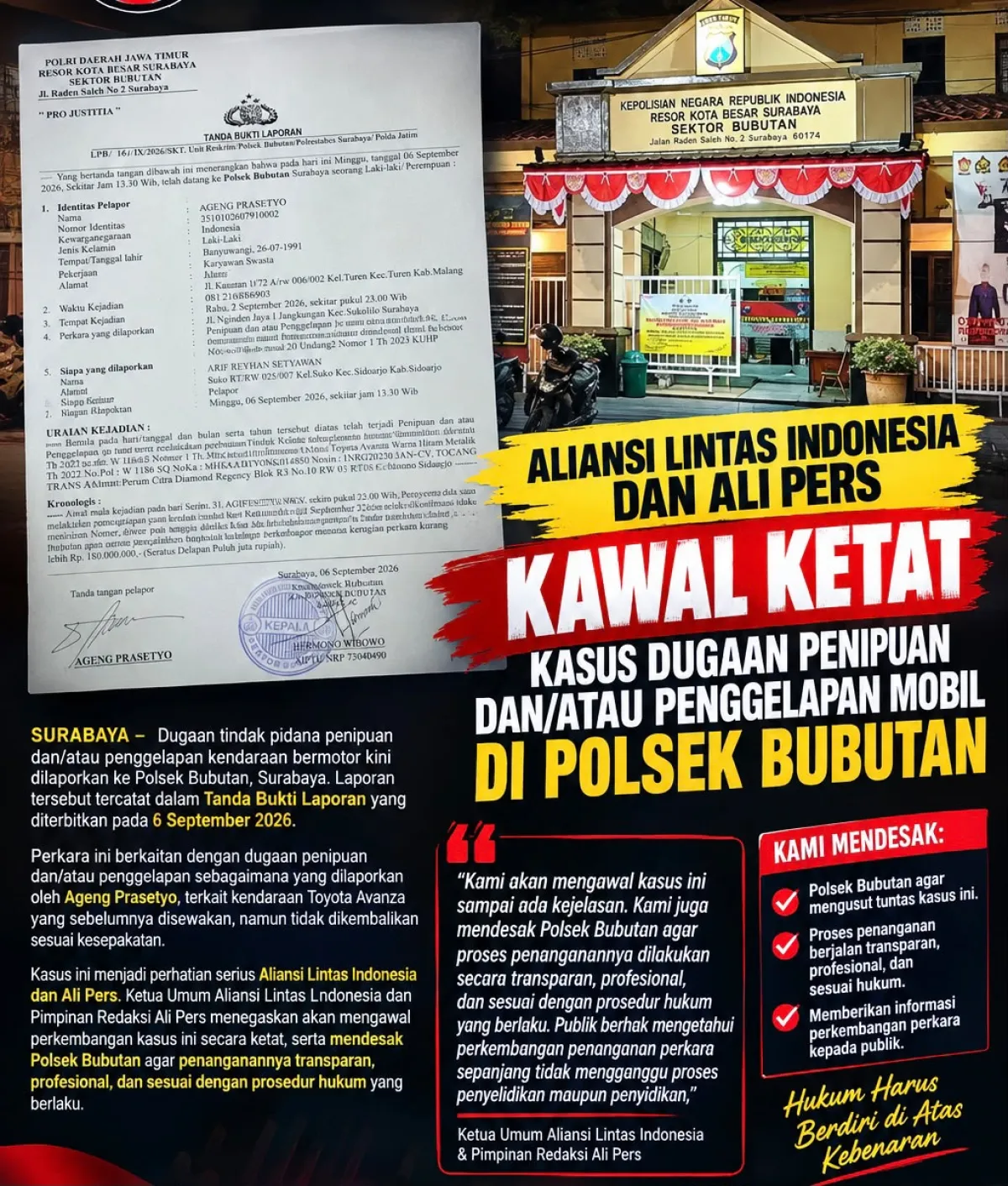 Aliansi Lintas Indonesia dan Ali Pers Kawal Kasus Dugaan Penipuan dan/atau Penggelapan Mobil di Polsek Bubutan